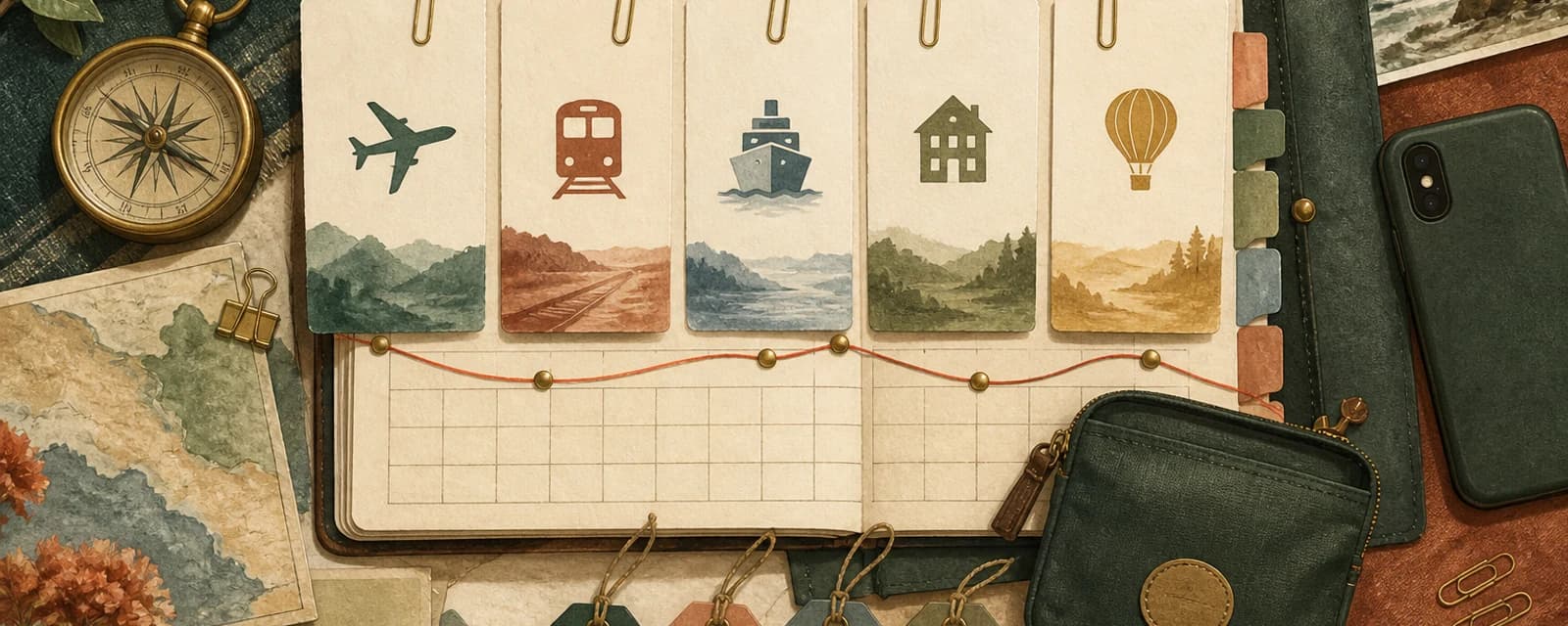 Illustrated booking overview with a calendar, luggage, flight and accommodation cards and a travel journal