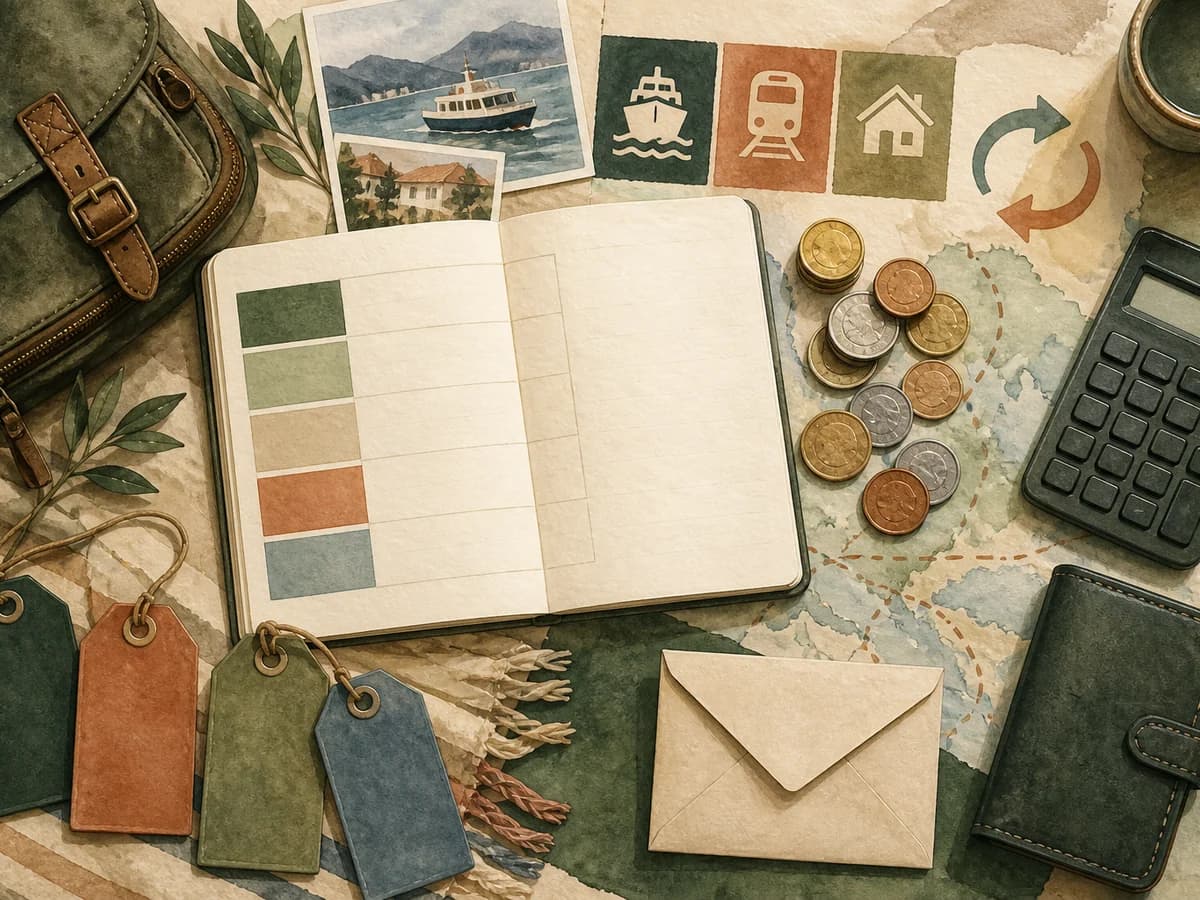 Illustriertes Reisebudget mit Notizbuch, Taschenrechner, Münzen und einem Umschlag für die Reserve
