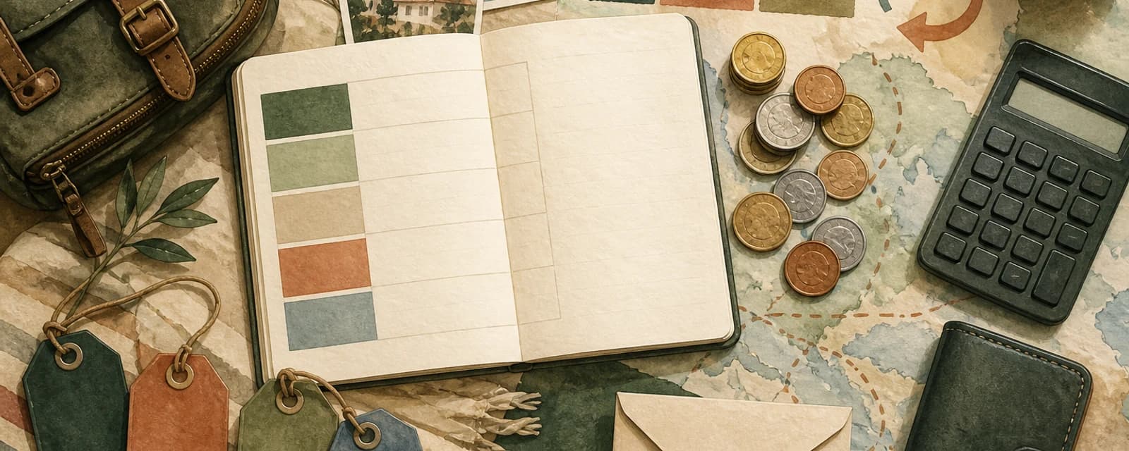 Illustrated travel budget with a notebook, calculator, coins and a reserve envelope