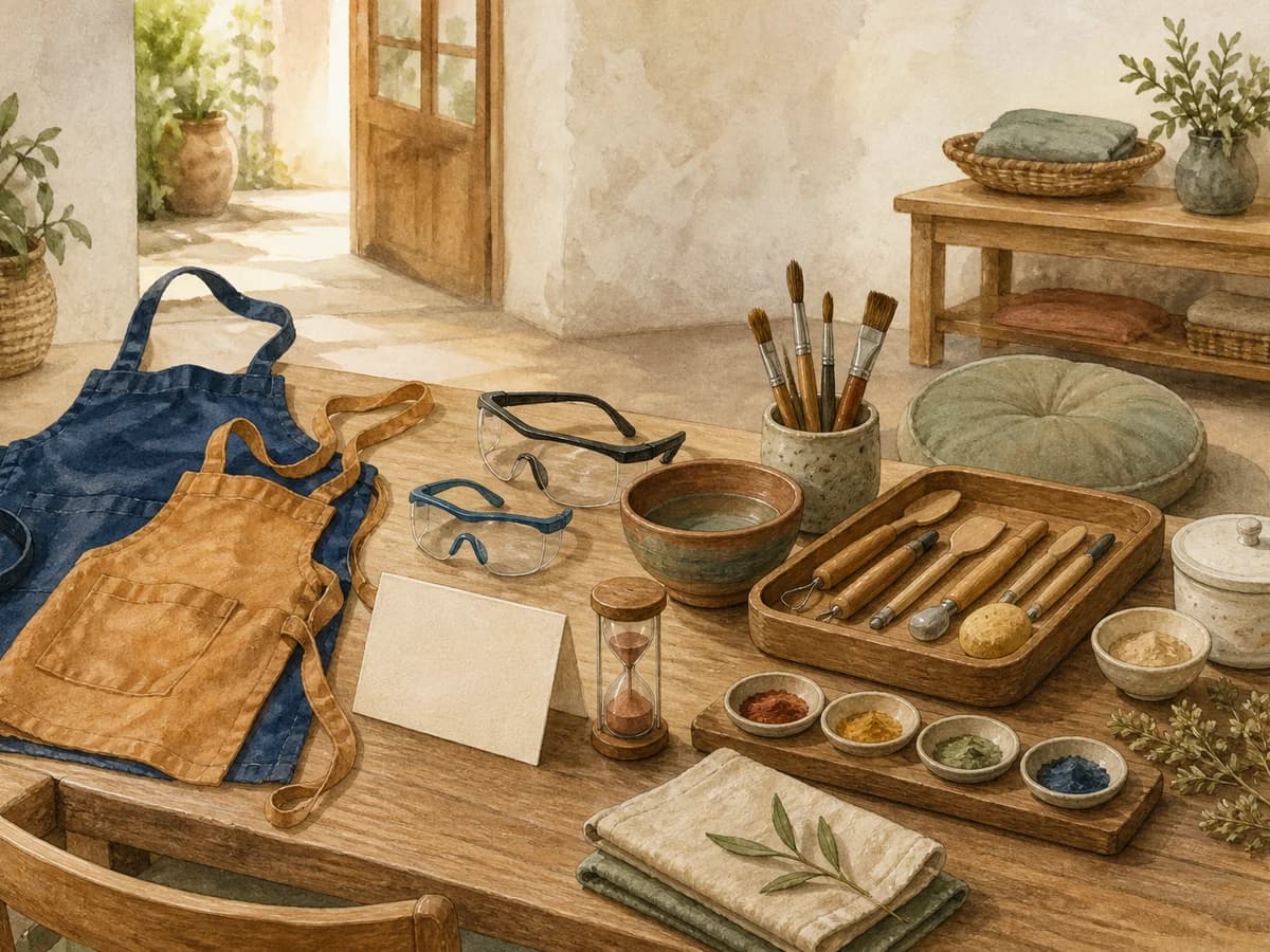 Aquarellierte Workshop-Werkbank mit zwei Schürzen, Schutzbrillen, Werkzeugen, Materialien und Pausenplatz