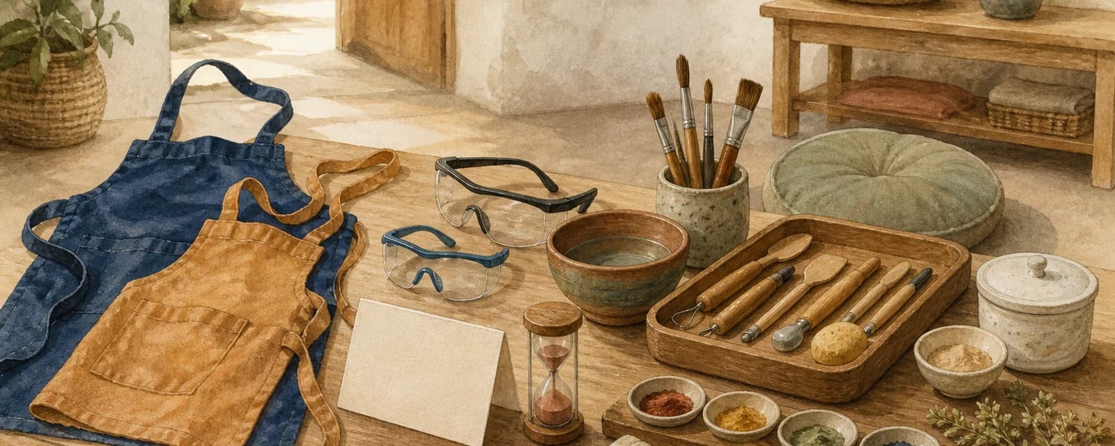 Aquarellierte Workshop-Werkbank mit zwei Schürzen, Schutzbrillen, Werkzeugen, Materialien und Pausenplatz