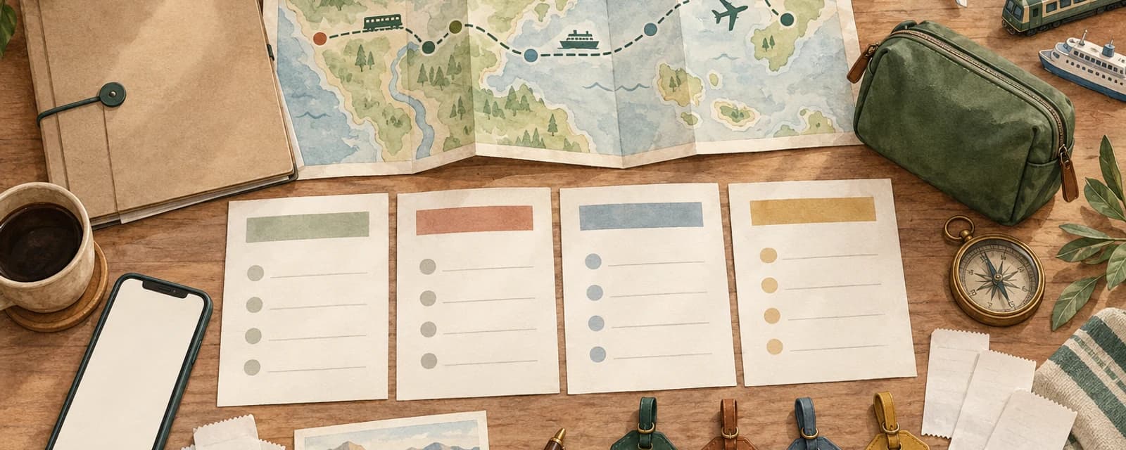 Watercolour planning table with a multi-stage route, four blank coverage cards, document folder, phone, receipts and four luggage tags