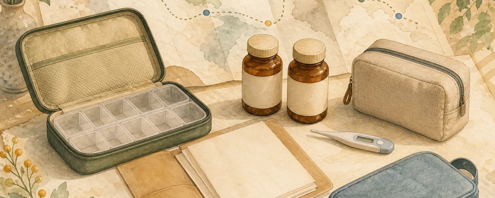 Watercolour travel desk with a multi-stage route, neutral medicine containers, organiser, insulated pouch and blank document folder