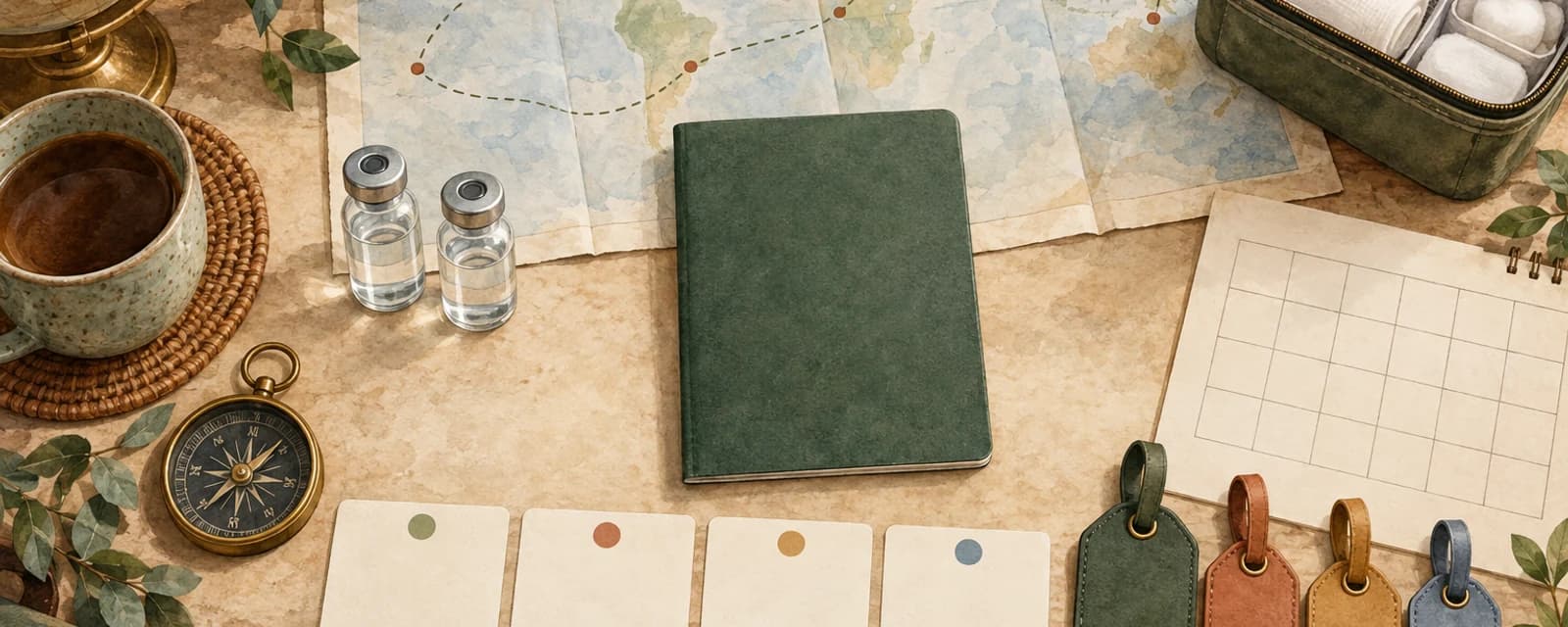 Aquarellierter Planungstisch mit Weltkarte, beschriftetem Kompass, neutralem Impfheft, vier leeren Zeitkarten, unbeschrifteten Fläschchen und vier Gepäckanhängern