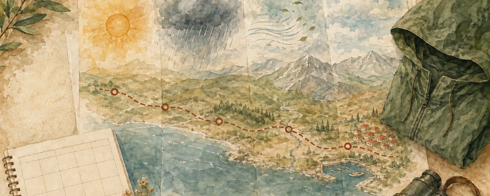 Aquarellierte Reiseroute zwischen Küste und Bergen mit Sonne, Regen, Wind, Wolken, leerem Kalender und wetterfester Jacke