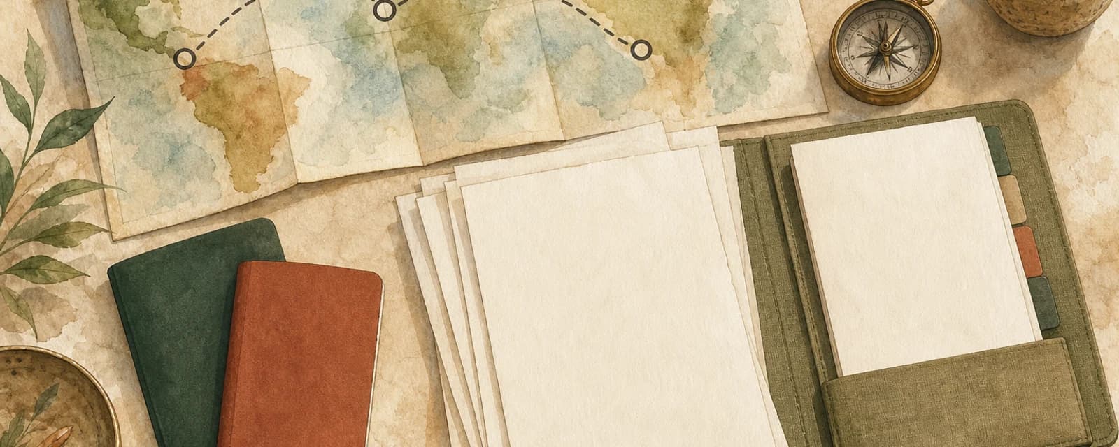 Aquarellierter Reisetisch mit drei Etappen auf einer Faltkarte, leeren Dokumenten, neutralen Passheften, Mappe und Kompass