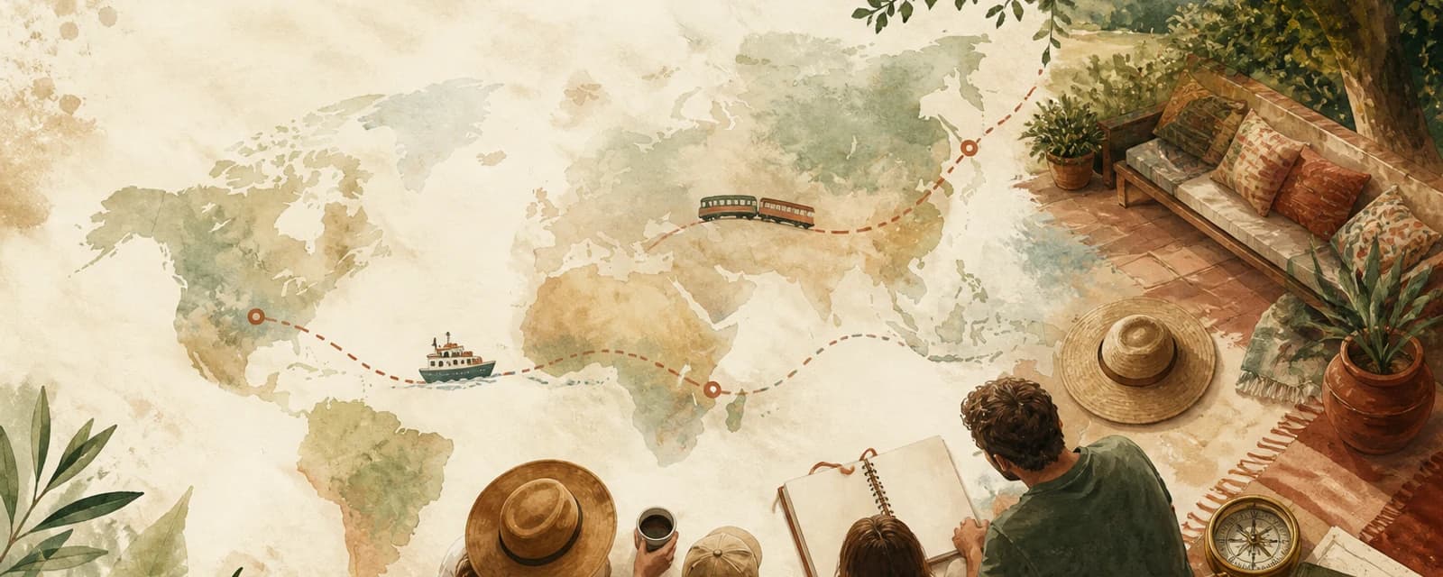 Illustrated world map with a travelling family, train, ferry and unhurried stages of a long journey