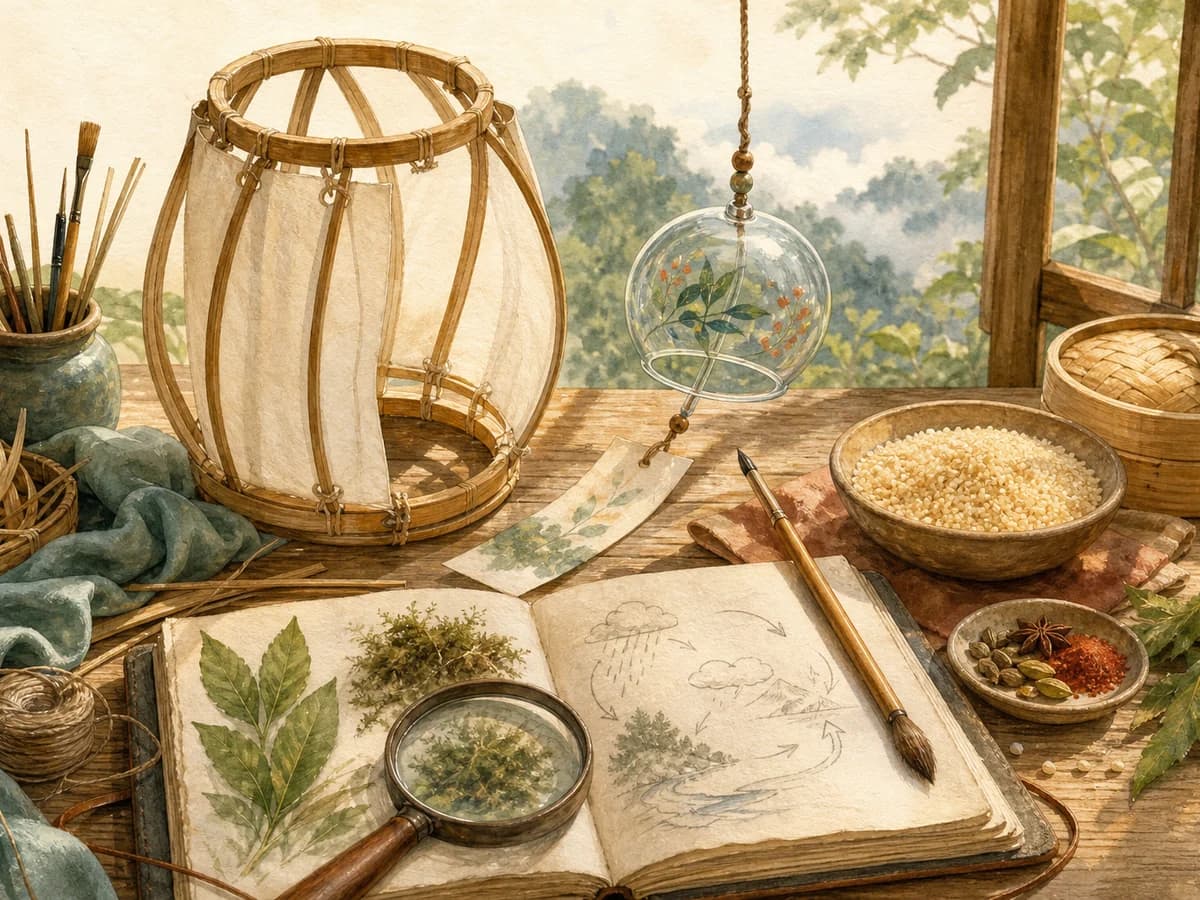 Aquarellierte Werkbank mit Laterne, Windspiel, Couscous und Naturjournal für vier Worldschooling-Lernschleifen