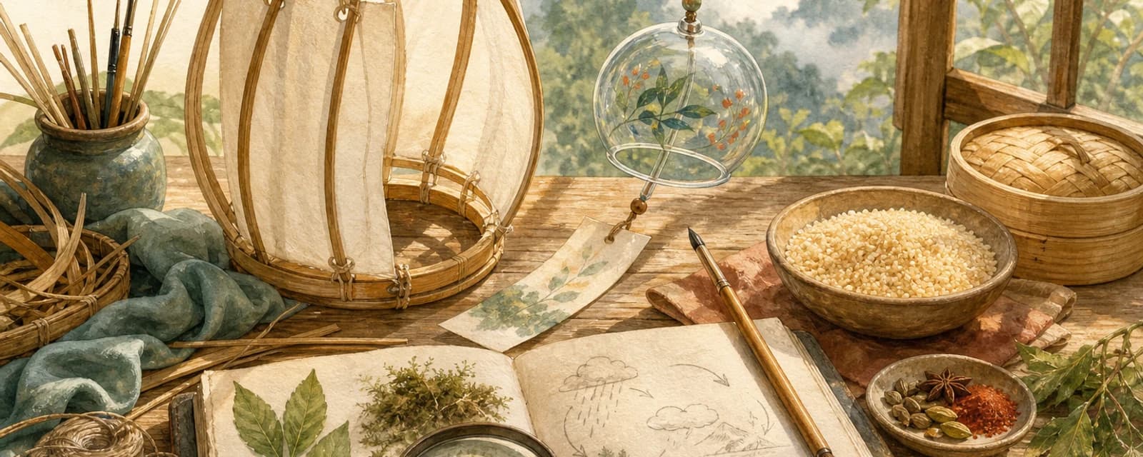Aquarellierte Werkbank mit Laterne, Windspiel, Couscous und Naturjournal für vier Worldschooling-Lernschleifen