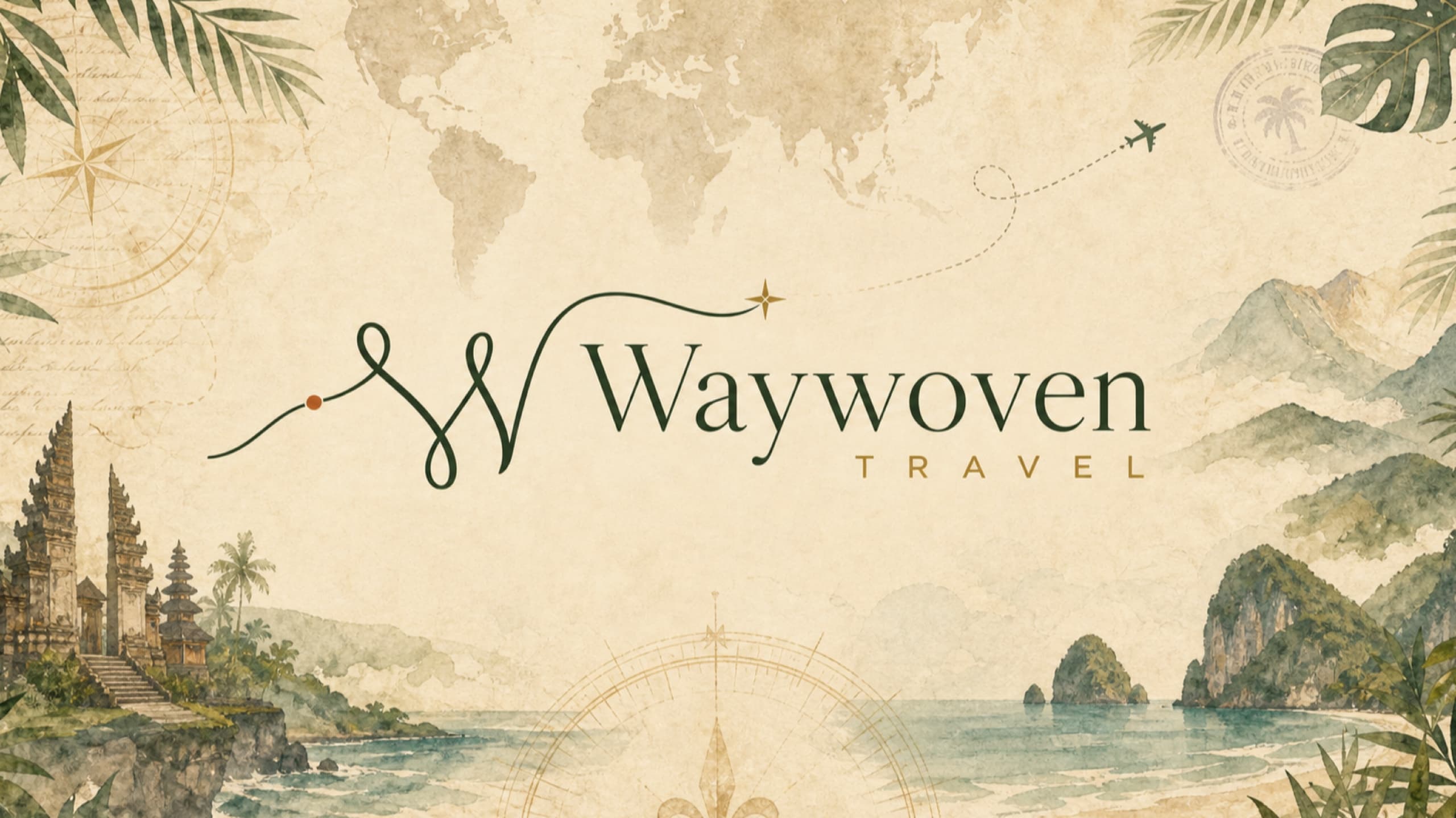 Rendered Waywoven watercolour card with a world map, travel route and tropical landscapes